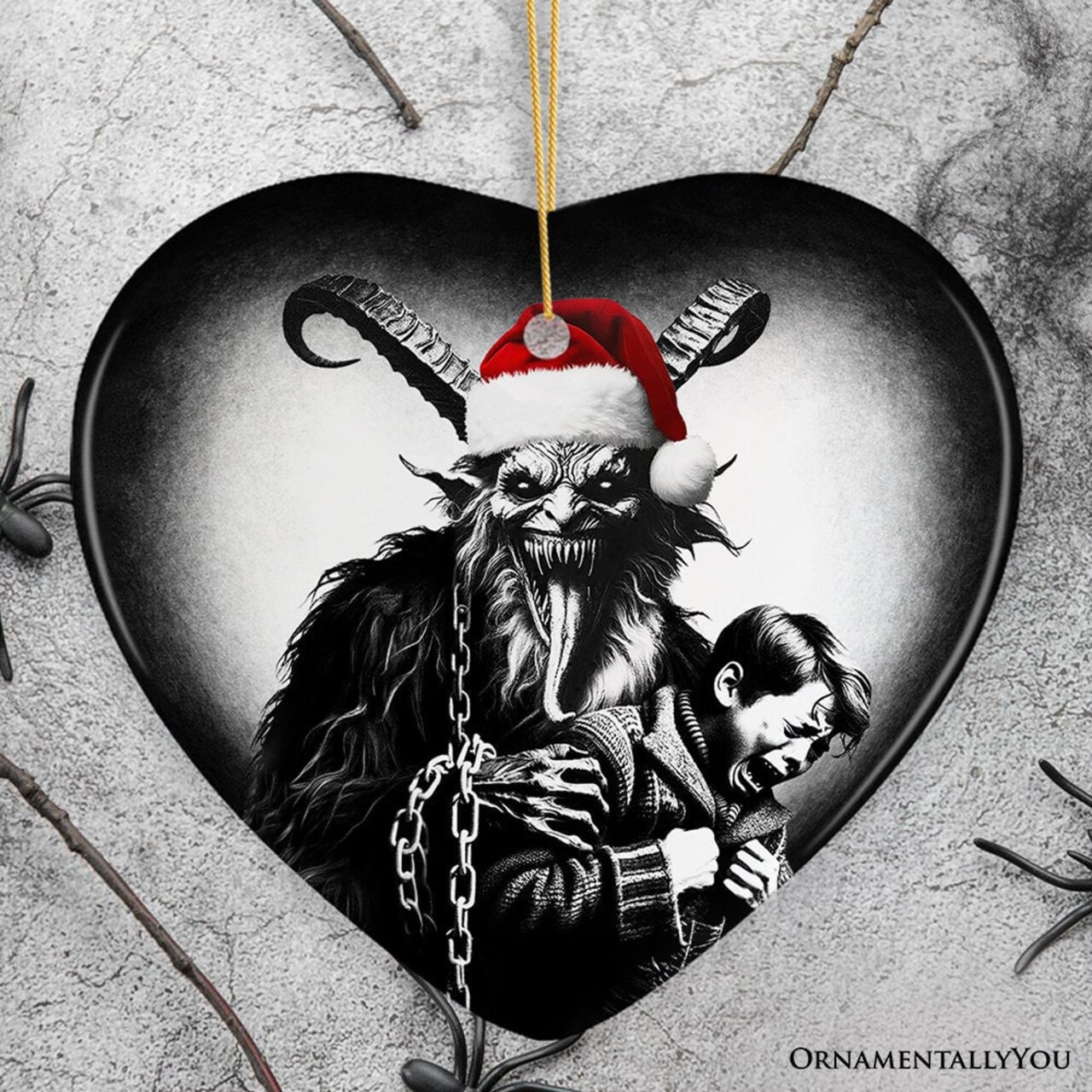 Horrifying Krampus With Santa Hat Ceramic Ornament, Keepsake For Unique Halloween Tree Christmas Decor